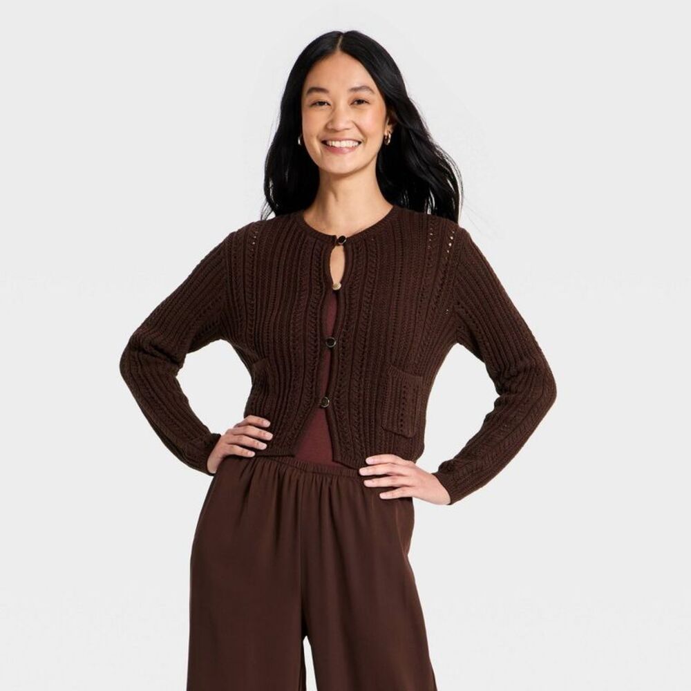 Women's Pointelle Lady Cardigan Sweater - A New Day Brown S